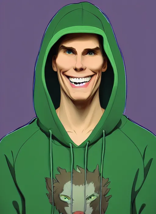 Image similar to jerma wearing a green hoodie and smiling with glowing white teeth, path traced, highly detailed, high quality, digital painting, by studio ghibli and alphonse mucha, leesha hannigan, makoto shinkai, disney