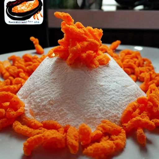 Prompt: a flaming hot cheetos cheese volcano