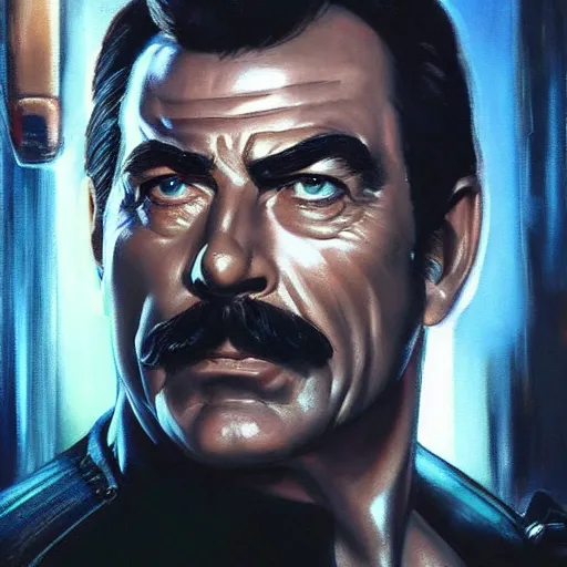 Prompt: ultra realistic head and shoulders portrait painting of tom selleck as johnny silverhand in cyberpunk 2 0 7 7, art by frank frazetta, 4 k, ultra realistic, highly detailed, epic lighting