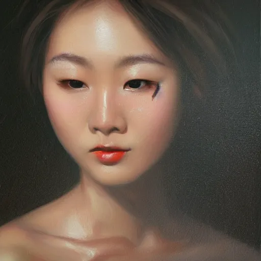 Image similar to perfect, realistic oil painting of close-up japanese girl face, by Sakimichan, by an American professional senior artist, Hollywood concept, dynamic composition and motion, postproduction.