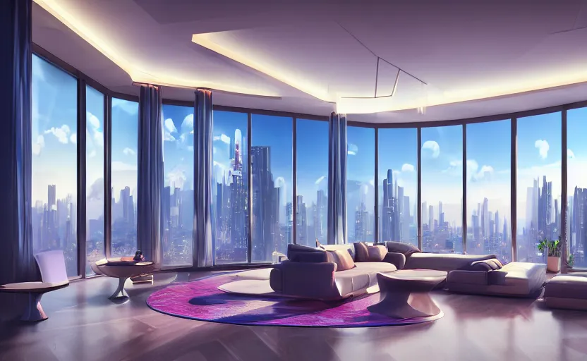 Prompt: futuristic luxury condo interior with three dimensional holographic projection displays and modern sleek furniture by studio ghibli animated film, global illumination, beautiful composition, volumetric lighting, octane render by alena aenami, highly detailed