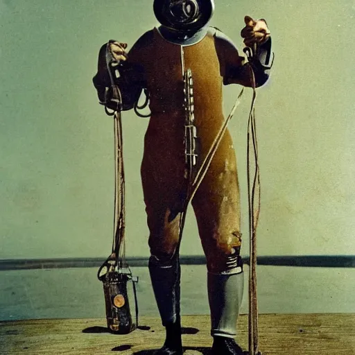 Image similar to photo of a diver wearing an old diving suit holding an electric guitar. detailed. colorized