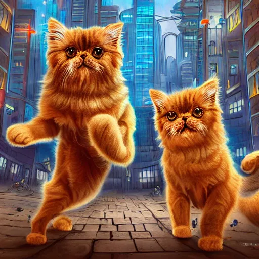 Image similar to two dancing persian cats in a robot city, highly detailed, digital painting, sharp focus, fantasy art