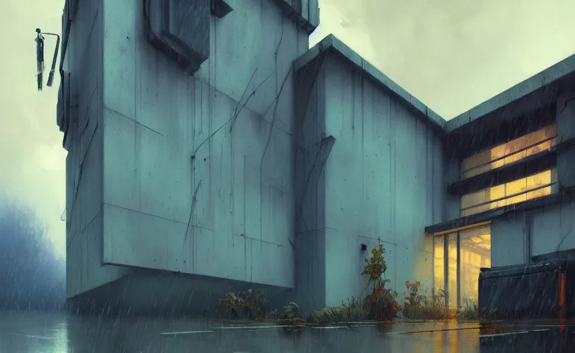 Prompt: painting of a wide angle exterior shot of a brutalist architecture house with rainy and moody cinematic lighting by darek zabrocki and greg ruthkowski, alphonse mucha, simon stalenhag and cinematic and blue cold atmospheric, archillect concept art, artstation, trending on artstation