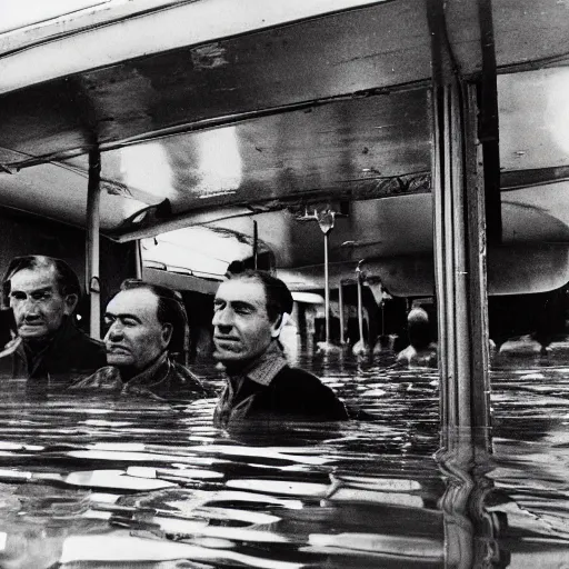 Image similar to almost completely flooded metro wagon. photo from inside the wagon, in the center of the frame stands one calm man up to his chest in water and looks at the camera. warm lighting, old color photo, ussr, extremely detailed, 8 k, vintage color