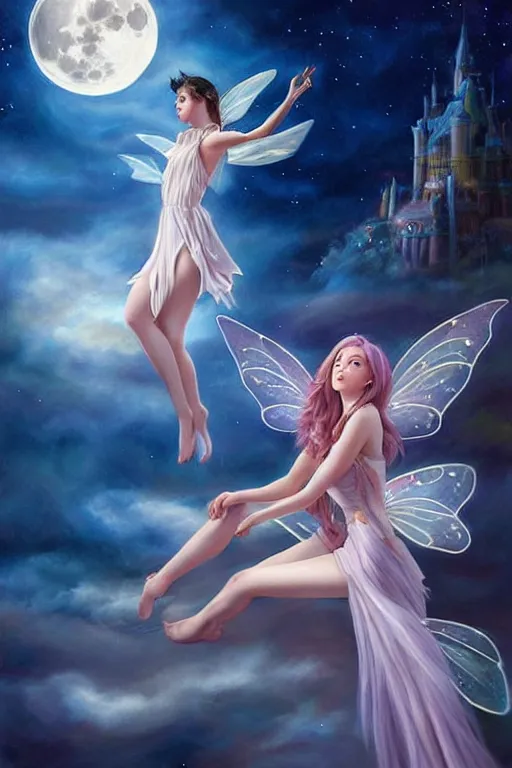 Image similar to attractive fairy magically floating high in the night, fantasy, full moon in background. highly detailed painting by artgerm, mid shot, 8 k