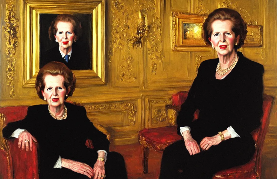 Image similar to portrait of margaret thatcher!!!!!!!!!!!!!!!!!!!!!!!!!!!, detailed face, detailed painting, detailed no. 1 0 downing street, epic lighting, by ilya repin and phil hale