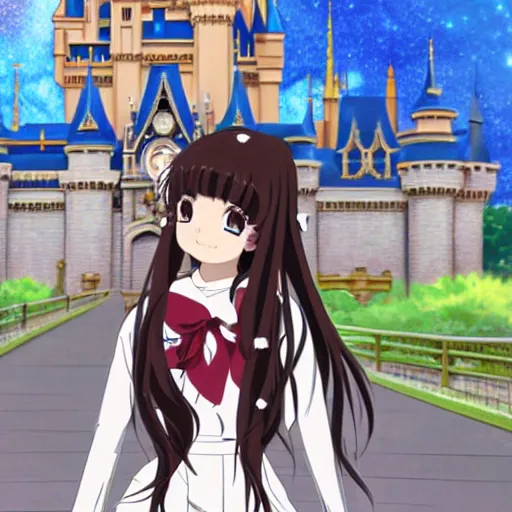 Image similar to menhera - chan, anime girl with long brown hair and black hoodie, posting in front of the wdw castle, kyoani, kyoto animation, key visual