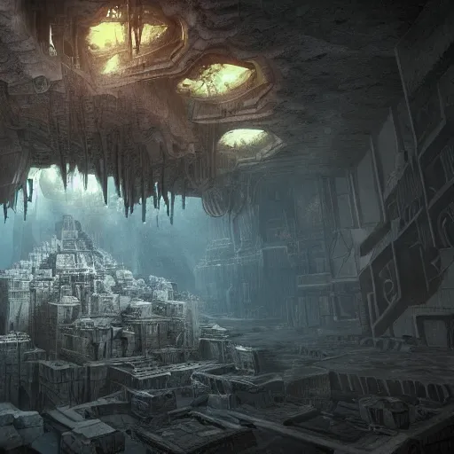 Image similar to inception lovecraft city carved from rock underground another inverted upside down above, artstation, cinematic warm volumetric lighting