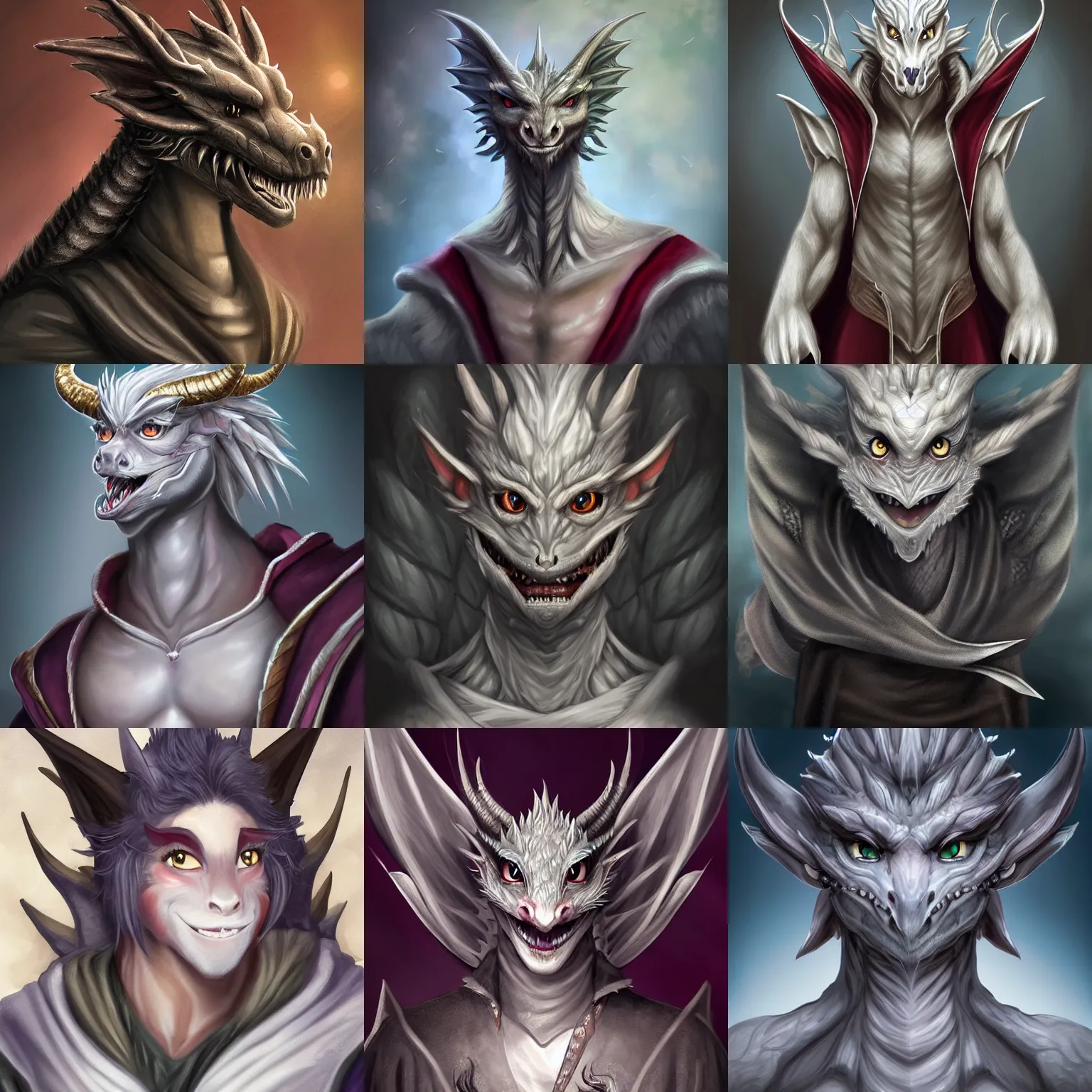 Prompt: very very beautiful portrait of a handsome anthropomorphic silver dragon, soft delicate draconic features, cute eyes, evil grin, toned arms, eyelashes, wearing a velvet robe, commission for, artstation, high quality digital art, warm colors