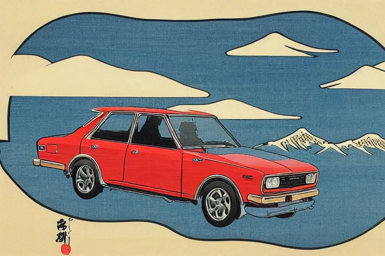 Prompt: ukiyo - e painting of a datsun 5 1 0