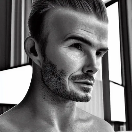 Image similar to “a realistic detailed photo of a guy who is an attractive humanoid who is half robot and half humanoid, who is a male android, David Beckham, shiny skin, posing like a statue, blank stare”