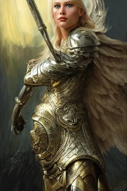 Image similar to a beautiful valkyrie , half body portrait, blond hair, gold chainmail armour, realistic oil painting by Thomas Cole and Wayne Barlowe and Boris Valejo