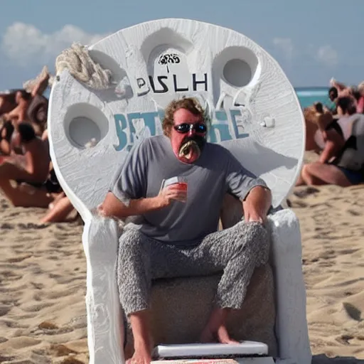 Image similar to a white male beach bum with a mustache drinking a busch beer sitting on a throne on the death star