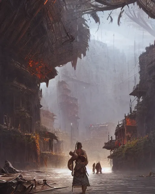 Image similar to a trading center used by the ancient tribes, considered one of the most dangerous places in the world, environment art, fantasy art, landscape art, in the style of greg rutkowski, illustration, epic, fantasy, intricate, hyper detailed, artstation, concept art, smooth, sharp focus, ray tracing