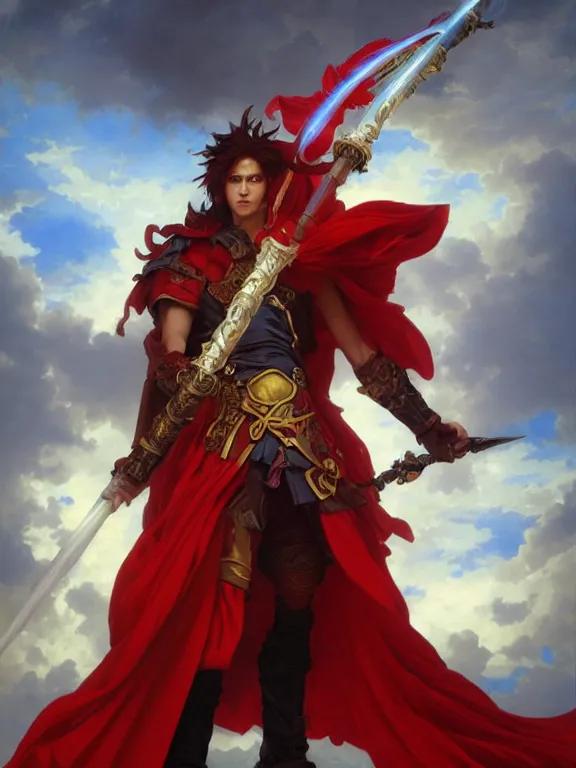 Image similar to A Portrait of a boisterous Red Mage wearing striped shining armor holding a staff of power surrounded by an epic cloudscape. The Magus Omega . Red Wizard. Morpheus. Symmetrical. masterpiece. 4k digital illustration. by Ruan Jia and Artgerm and Andreas Rocha and William-Adolphe Bouguereau and Jean-Baptiste de Champaigne. award winning, Artstation, intricate details, realistic, Hyperdetailed, 8k resolution. Concept Painting. Key Art