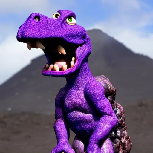 Image similar to barney the purple dinosaur burns in the lava of mount doom clutching the one ring