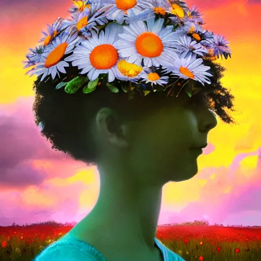 Image similar to giant daisy flower head, portrait of girl in flower field, holding daisy, surreal photography, sunrise, impressionist painting, colorful clouds, digital painting, artstation, simon stalenhag, flower face