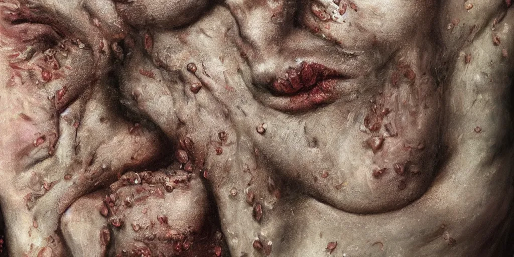 Prompt: details of crustose lichens growing on flesh and skin, body hair, painitng, pores and wrinkles and muscle tissues, oil on canvas, 4k, 8K, photorealistic, soft light, cinematic lighting, sharp, contrasting, illusion