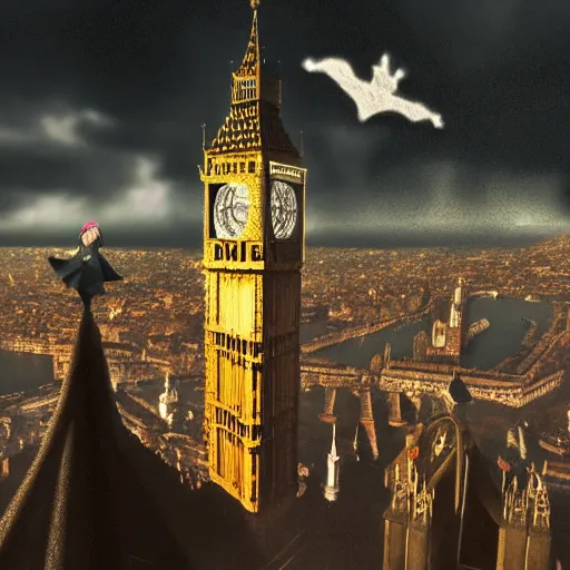 Prompt: A witch flying high in the sky above the tall buildings,the Big Ben is in background, top down perspective,gloomy lighting,creepy atmosphere,digital art , highly detailed , high contrast, beautiful lighting, award winning , trending on art station, 8k, photo realistic