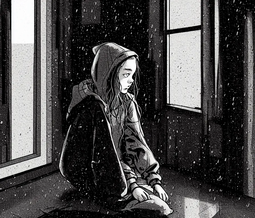 Prompt: sadie sink in hoodie sits on windowsill, knees tucked in | rain falls at night : storyboard, scifi cyberpunk. by gabriel hardman. cinematic atmosphere, detailed and intricate, perfect anatomy