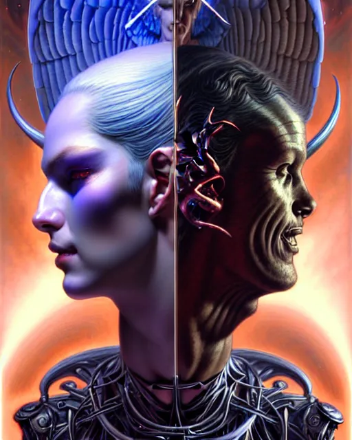 Image similar to a portrait of gemini angel and devil fantasy character portrait facing each other, ultra realistic, wide angle, intricate details, the fifth element artifacts, highly detailed by peter mohrbacher, hajime sorayama, wayne barlowe, boris vallejo, aaron horkey, gaston bussiere, craig mullins