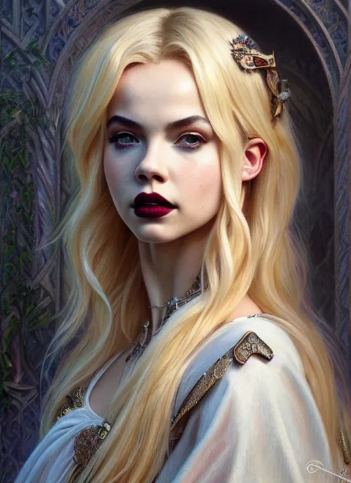 Image similar to ultra realistic illustration, a stunningly beautiful greek gothic goddess of chaos played by jordyn jones and dove cameron and margot robbie and taylor swift and megan fox, intricate, elegant, highly detailed, digital painting, artstation, concept art, smooth, sharp focus, illustration, art by artgerm and greg rutkowski and alphonse mucha