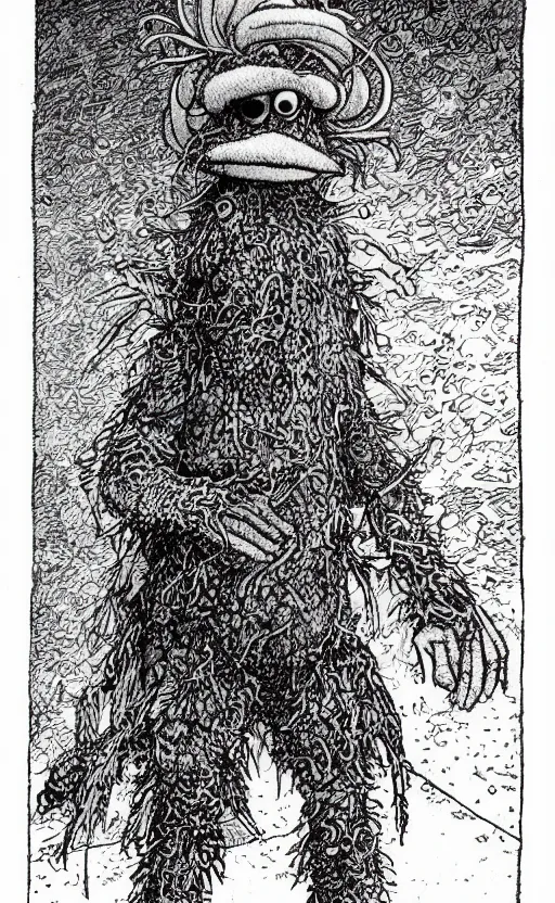 Prompt: an illustration of a fraggle, full body, standing in rectangular border, pen-and-ink illustration, etching, by Russ Nicholson, DAvid A Trampier, larry elmore, 1981, HQ scan, intricate details
