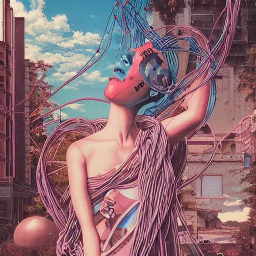 Image similar to Tristan Eaton & Greg Rutkowski, award winning masterpiece with incredible details, Zhang Kechun, a surreal vaporwave vaporwave vaporwave vaporwave vaporwave painting by Thomas Cole of an old pink mannequin head with cables and wires coming out of it's neck, sinking underwater, highly detailed