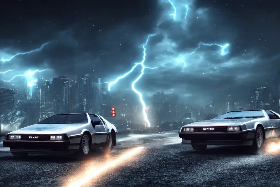 Image similar to ultra realistic delorean dmc 5 drifting on a ancient space highway, dark cinematic, volumetric, realistic, 3 d render, realistic render, cinematic lighting, volumetric lighting, atmospheric, cinematic, unreal engine 5, unreal engine render, octane render, hd, photorealism, hyper realistic, photo, 8 k