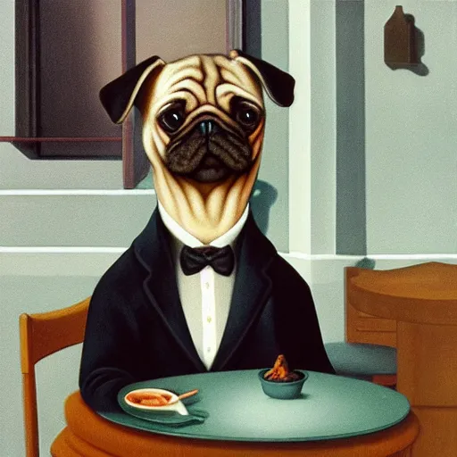 Prompt: a humanoid pug takes you out for a nice dinner by Raphael, Hopper, and Rene Magritte. detailed, romantic, enchanting, trending on artstation.