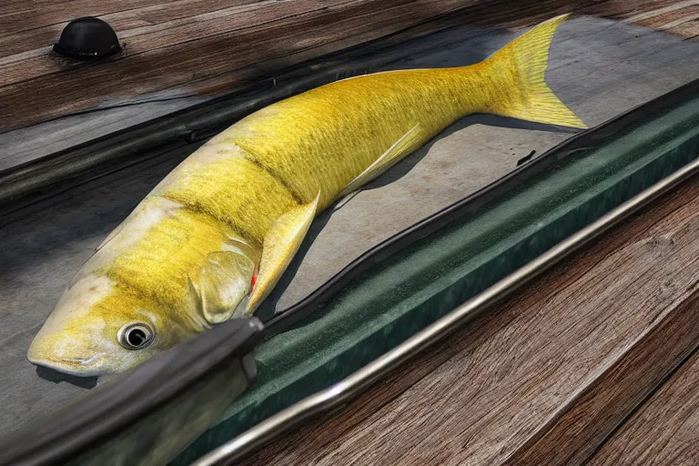Prompt: fish on an industrial conveyor belt cod haddock photorealistic