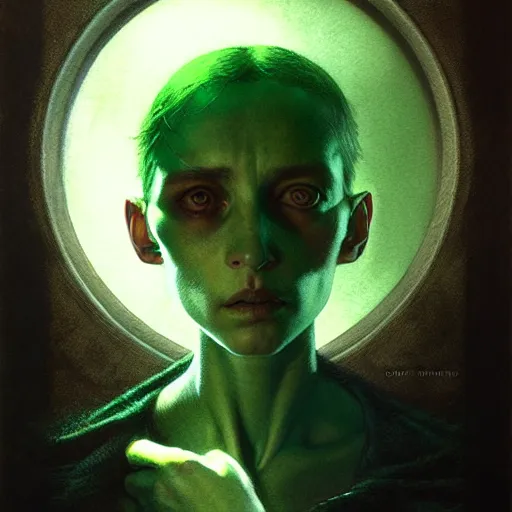 Prompt: portrait top light, by killian eng and bernie wrightson and martin deschambault and tom bagshaw, inspired by city of lost children, green and brown only, etching, fine, sharp high detail,