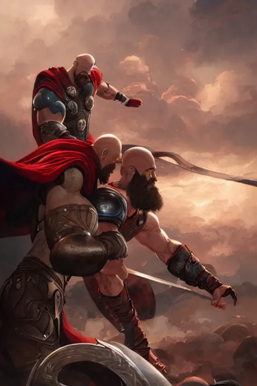 Prompt: kratos fighting thor, highly detailed, digital painting, artstation, concept art, smooth, sharp focus, illustration, unreal engine, 8 k, art by artgerm and greg rutkowski and edgar maxence