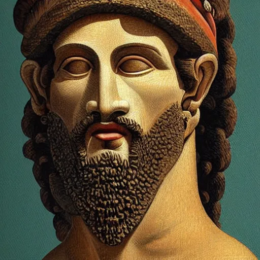 Prompt: portrait of ancient greek man with sharp nose. fine detail. artistic painting by lurid