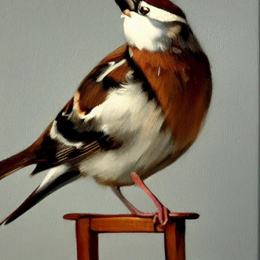 Image similar to an oil paiting of a sparrow perched on a chair, highly detailed, oleo, artstation, sharp focus, by diego velazquez