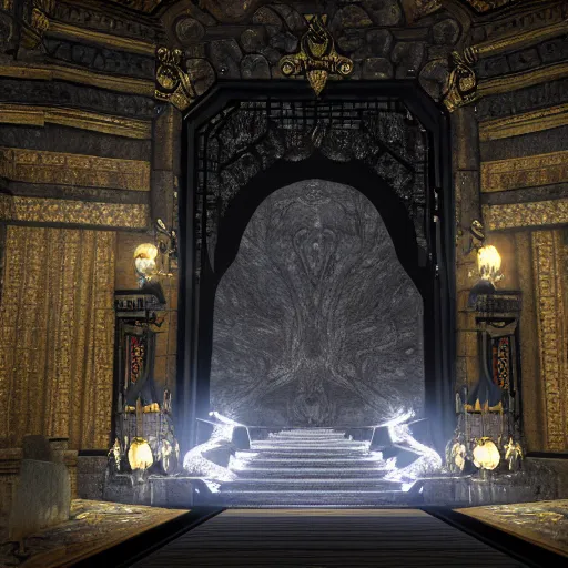 Prompt: the grand black ebony castle entrance, marbme floors, art by kotaro chiba, volumetric lighting, epic composition