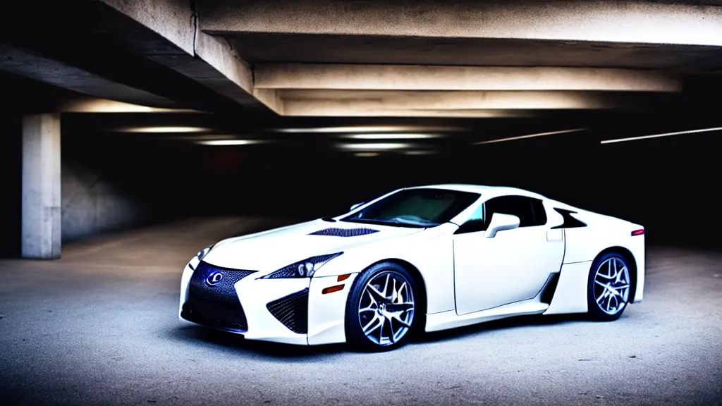 Prompt: a three quarter shot of a lexus lfa in a parking garage, 4k, hyper realistic, car photography