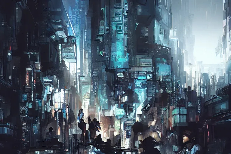 Prompt: Elimination of humanity, very highly detailed face's and body's. Digital concept art by Caravaggio, Details by Kidmongraph, cyan dimensional light, , Cyberpunk city as Background by Hiromasa Ogura