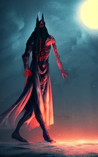 Image similar to beautiful concept of deranged wizard in a dark ritual, horror art, nightmare, insane details, intricate background, cinematic shot, dramatic light, night time, red moon, artstation, neo gothic, eerie