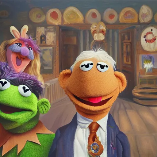 Image similar to muppet show, oil on canvas, surrealism, highly detailed, masterpiece, award - winning, artstationhd