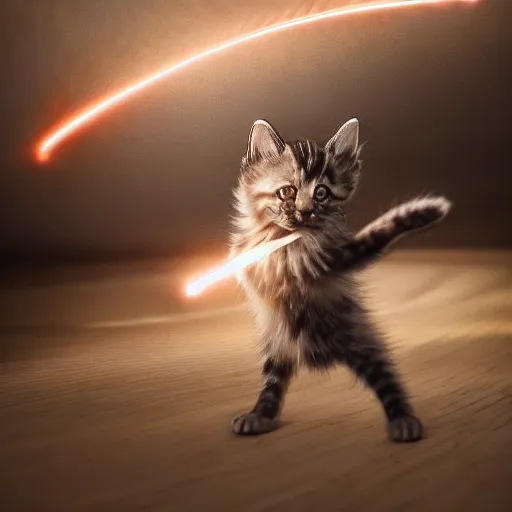 Prompt: full body pose, hyperrealistic photograph of kitten jedi, dim volumetric lighting, 8 k, octane beautifully detailed render, extremely hyper detailed, intricate, epic composition, cinematic lighting, masterpiece, trending on artstation, very very detailed, stunning, hdr, smooth, sharp focus, high resolution, award, winning photo, dslr, 5 0 mm