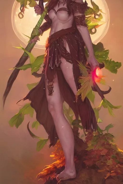 Image similar to cute Tiefling Druid with long horns, colorful leaves on light leather armor, holding tree staff, ,demon tail light-brown skin, highly detailed, digital painting, artstation, concept art, sharp focus, illustration, art by artgerm and greg rutkowski and alphonse mucha