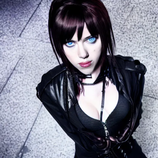 Image similar to scarlett johansson modeling as misa amane from death note, professional photograph, 8 k