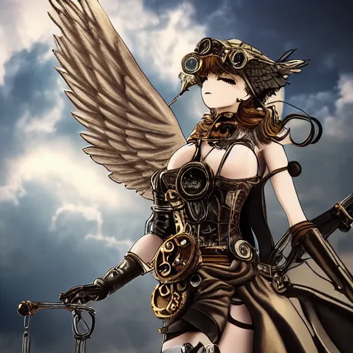 Image similar to steampunk angel, anime, extremely detailed, cinematic lighting, low angle, intense, epic, clouds, sky,