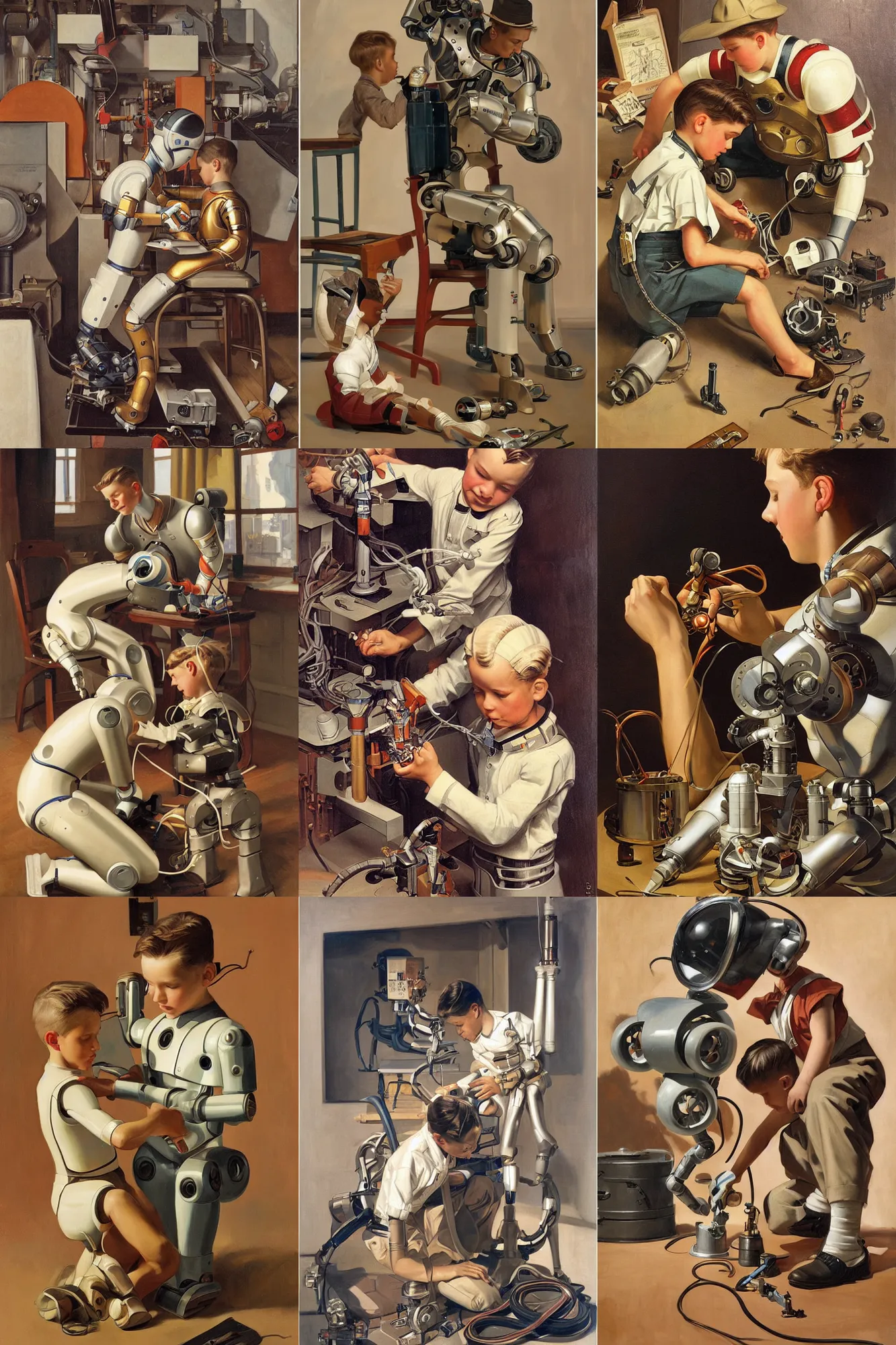 Prompt: a boy fixing his robot, part by JC Leyendecker, isometric, oil on canvas