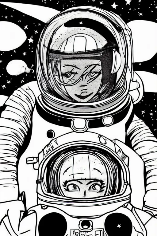 Image similar to manga portrait of a woman wearing a space helmet, akira toriyama, lineart, black and white, scifi, big clouds visible in the background, stars in the sky, high contrast, deep black tones