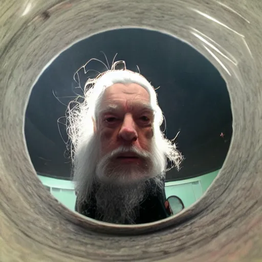 Image similar to Gandalf doing a kickflip, fisheye lens