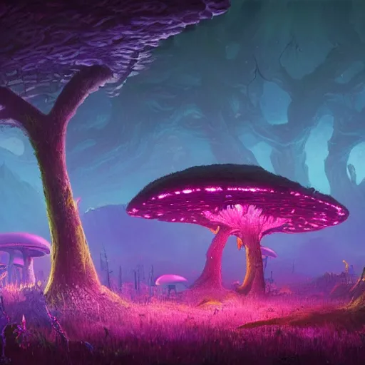 Image similar to concept art painting of a fantasy alien fungal landscape at night, magenta trees, glowing blue mushrooms, houses made of mushrooms, dark purple sky, realistic, detailed, cel shaded, in the style of makoto shinkai and greg rutkowski and albert bierstadt and james gurney