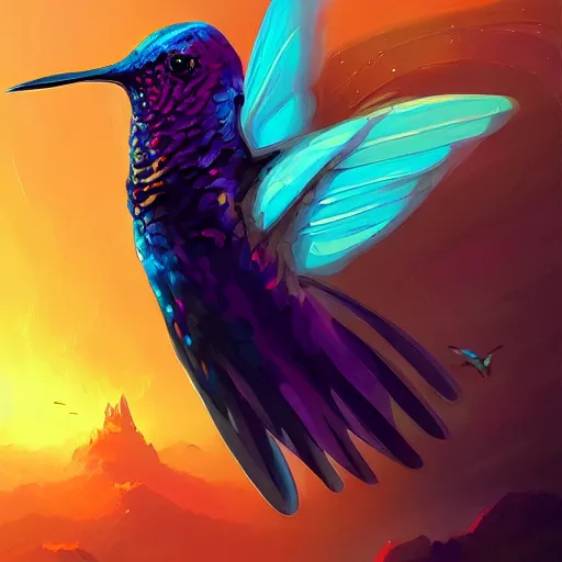 Image similar to a flying hummingbird, by anato finnstark, by alena aenami, by john harris, by ross tran, by wlop, by andreas rocha, digital painting